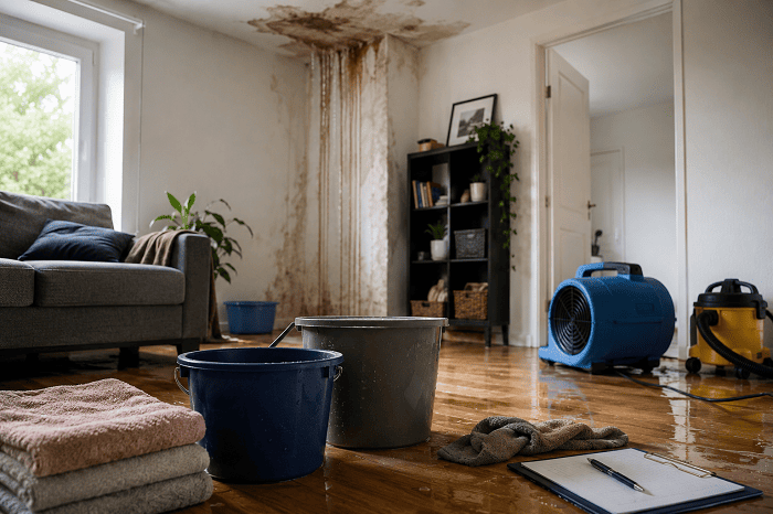 Dégât des eaux dans un logement avec seaux, sol inondé et matériel de séchage