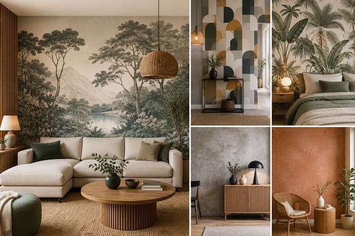 Tendances déco de papier peint panoramique, géométrique et végétal